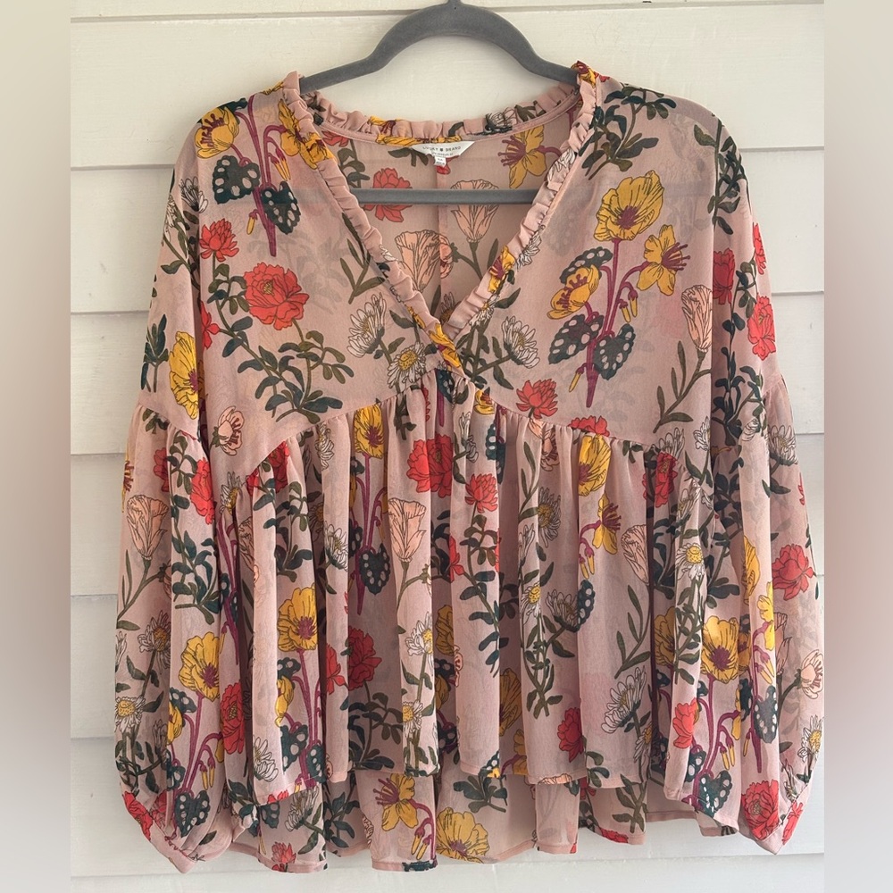 Lucky Brand Floral Bohemian Puff Sleeve Top Size Medium